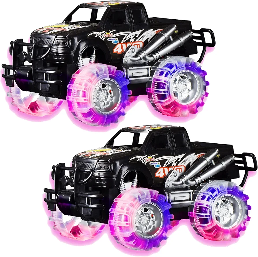 Monster Trucks for Boys - 2 Pack - Car Toys for Boys & Girls - Light up Toys for Kids - Truck with Flashing LED Tires - Toy Cars for 3 Year Old boy + - Push n Go Childrens Birthday Gift (Black)