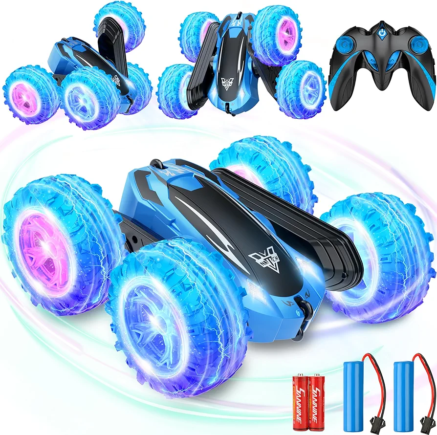 KKONES Remote Control car,2.4GHz Electric Race Stunt Car,Double Sided 360° Rolling Rotating Rotation, LED Headlights RC 4WD High Speed Off Road for 3 4 5 6 7 8-12 Year Old Boy Toys (Blue)