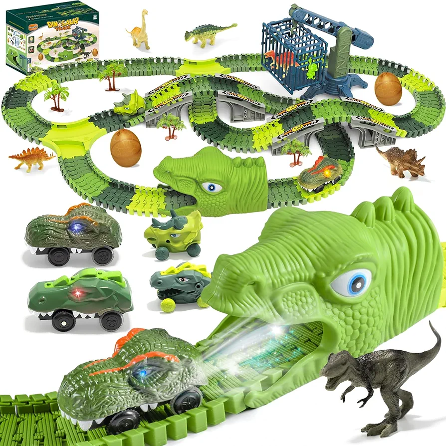 Dinosaur Toys, 309PCS Dinosaur Race Track Train Toy with 4 Dino Cars, 6 Dino Toys, 270 Track set,Create A Dino World Road Race, Toys for Boys kids toddlers 3 4 5 6 7 8 10+ Year Old & Up