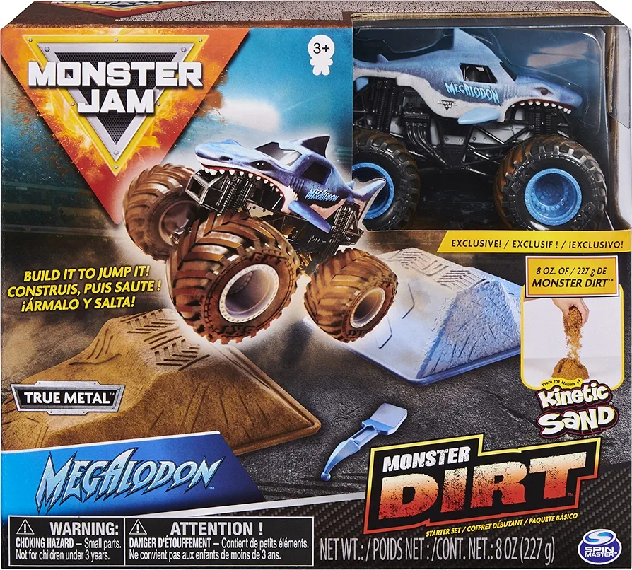 Monster Jam, Megalodon Monster Dirt Starter Set, Featuring 8oz of Monster Dirt and Official 1:64 Scale Die-Cast Monster Jam Truck