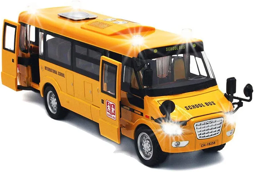 9" Pull Back School Bus,Light Up & Sounds Die-cast Metal Toy Vehicles with Bright Yellow and Openable Doors