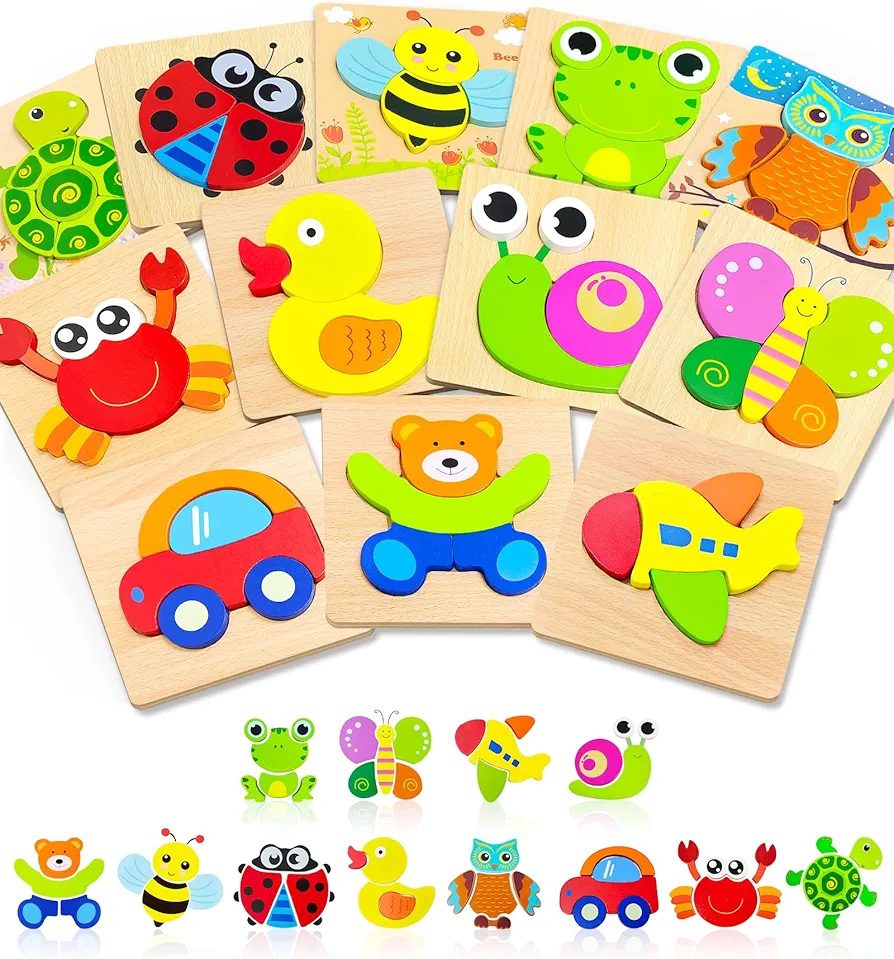 Bekayshad Wooden Puzzles Toddler Toys Gifts for 1 2 3 Year Old Boys Girls, 12 Pack Animal Jigsaw Puzzles Montessori Toys, Learning Educational Christmas Birthday Gifts for Girls Boys Ages 1-3