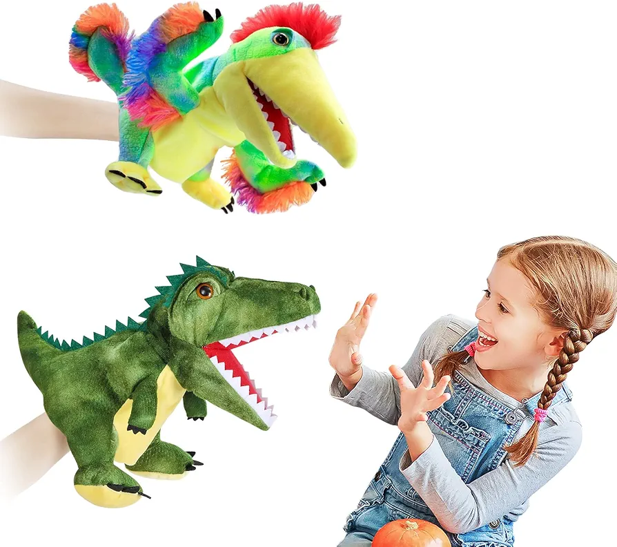 2Pcs Dinosaurs Plush Toys, Dinosaur Hand Puppets Kids Toys,Stuffed Animals Plush Toys Interactive Games for Boys Girls Age 4 5 6 7 8