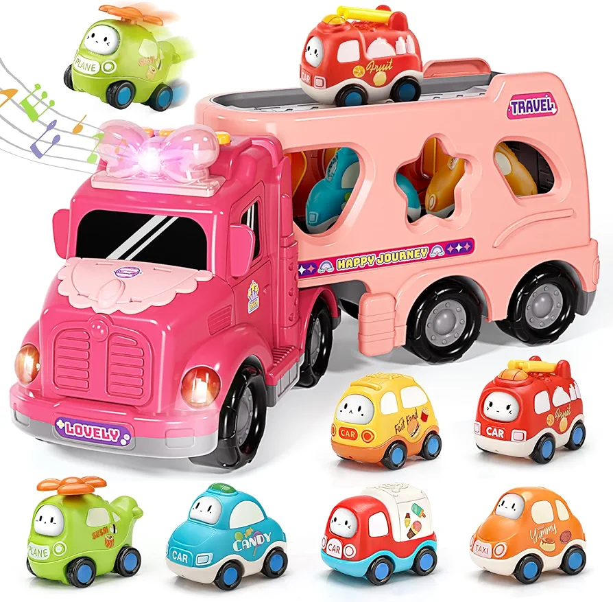 Toddle Car Toys for 1 2 3 4 Year Old Girl, 7-in-1 Transport Carrier Trucks for Toddlers 1-3 with Light & Music, 1 2 3 Year Old Girl Gifts for Birthday Christmas Party Pink Toys