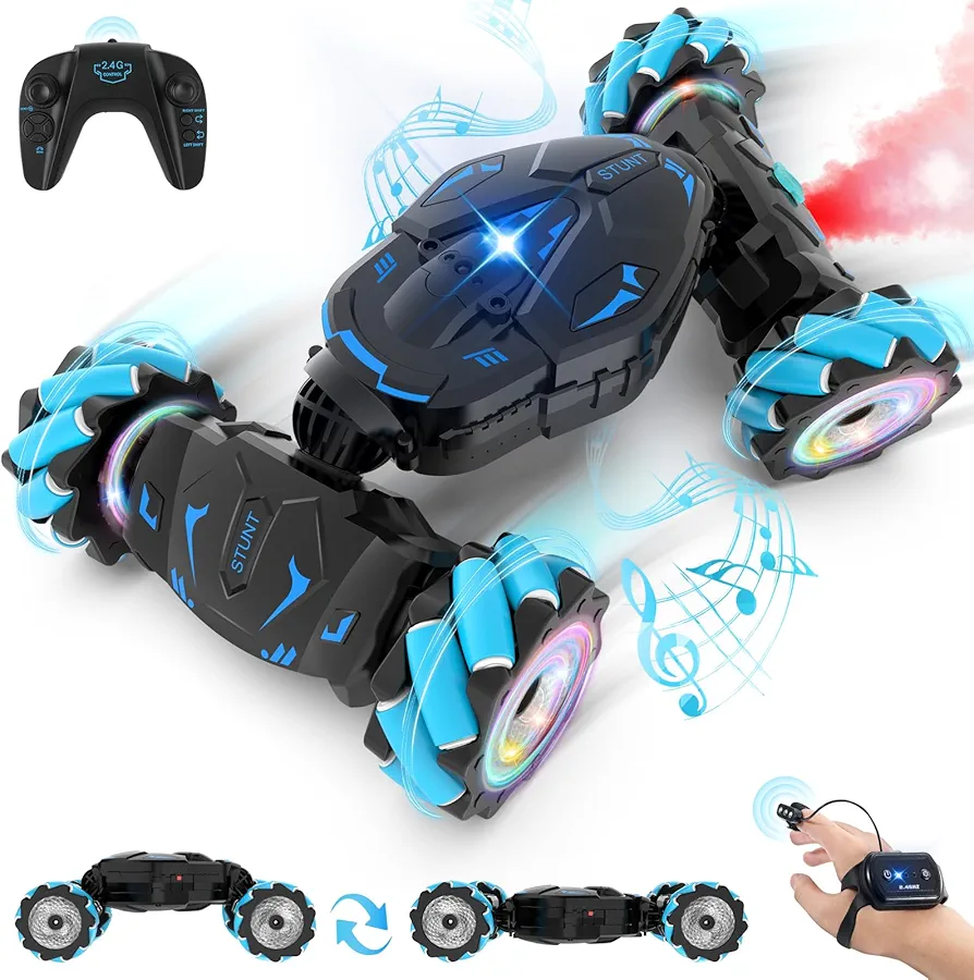 Pristar RC Cars Gesture Sensing Stunt Car, Best Gifts for Boys 6-12, 2.4Ghz Remote Control Car Toys for Boys Age 6 7 8 9 10 11 12, Double Sided Flip 360° Rotate 4WD Off-Road with Spray Lights Music