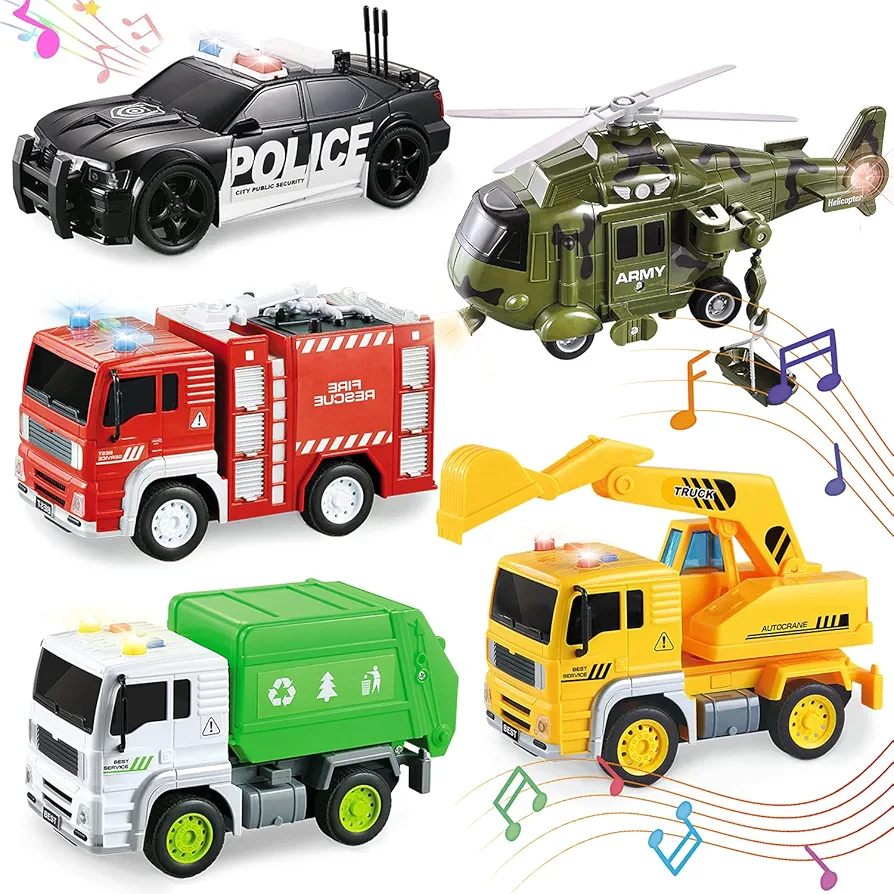 5 Pack Friction Powered Truck Toy Set(8 Inch) Including Garbage Truck, Construction Truck, Fire Truck, Police Car, Helicopter, all with 4D Stunning Light and Sound, Vehicles Toys for Boy Toddler Kid