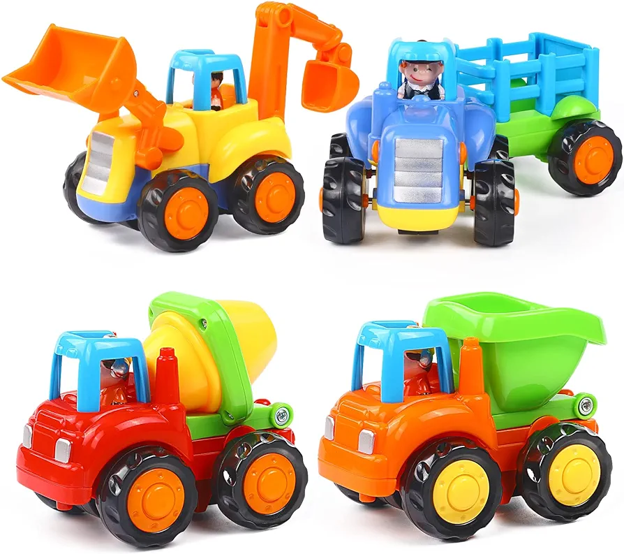 Inertia Toy Early Educational Toddler Baby Toy Friction Powered Cars Push and Go Cars Tractor Bulldozer Dumper Cement Mixer Engineering Vehicles Toys for Children Boys Girls Kids Gift 4PCS