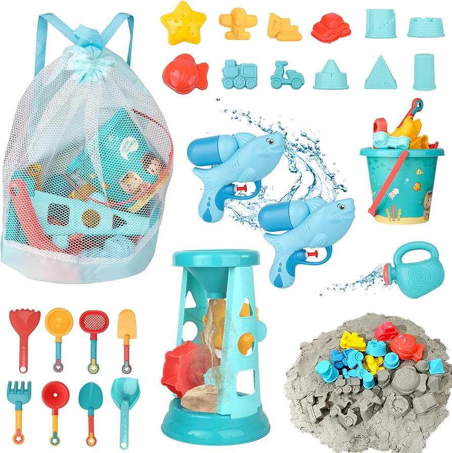 Beach Toys, 25 Pcs Sand Toys Set for Kids Including Water Gun, Sifting Funnel, Bucket, Watering Can, Sand Molds & Mesh Beach Toy Bag, Sandbox Toys for Toddlers 3-12