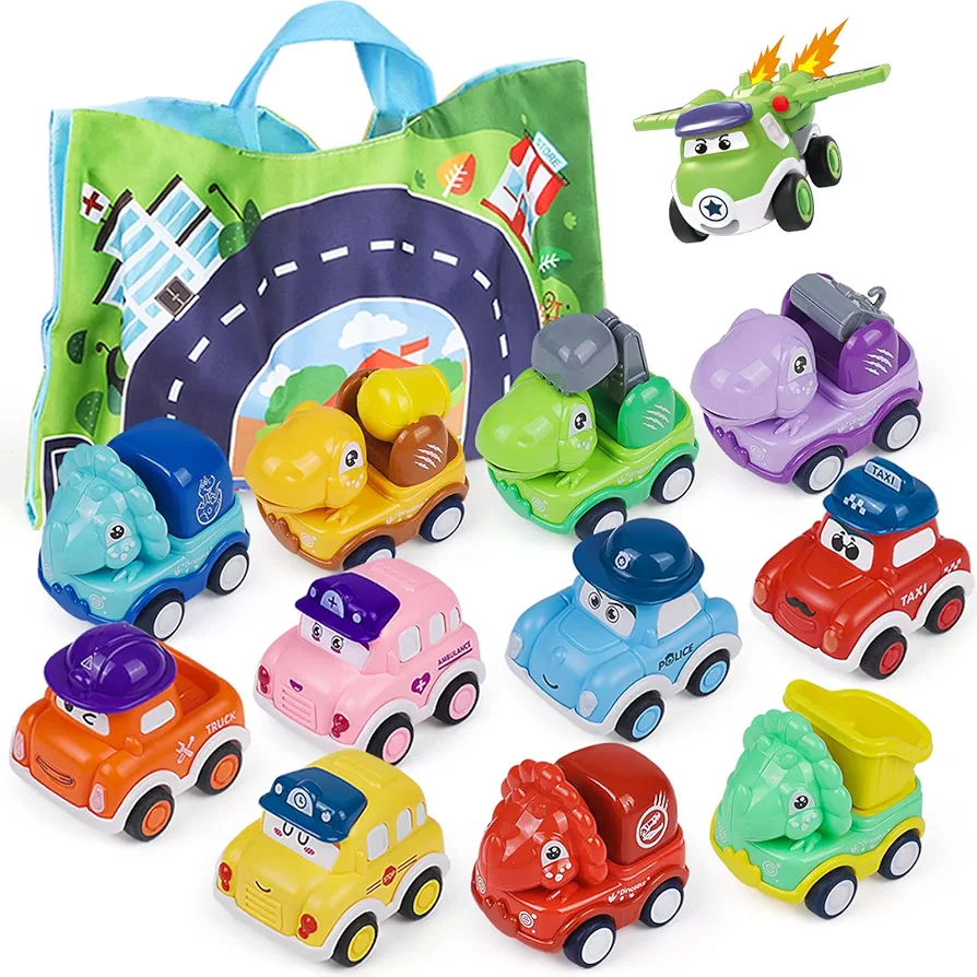 Baby Toy Cars for 1 Year Old Boy, Mini Pull Back Trucks with Playmat for Toddler Age 12-18 Months, 12PCS Infant Friction Powered Push Vehilces, Cartoon Birthday Gift for Kids Aged 2 3 4