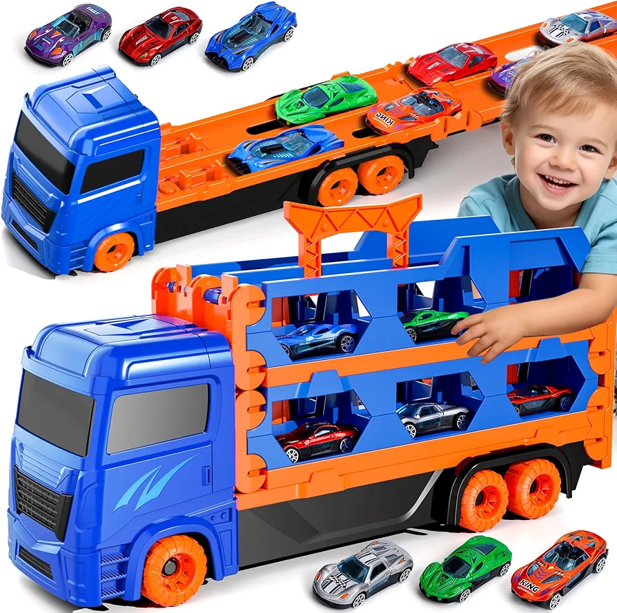 iHaHa Toddler Toys for 3 4 5 6 Years Old Boys, Die-Cast Transport Truck Car Toys 61-Inch Race Track for Boys Kids, Toddler Car Toys Track Set for Kids Boys Girls