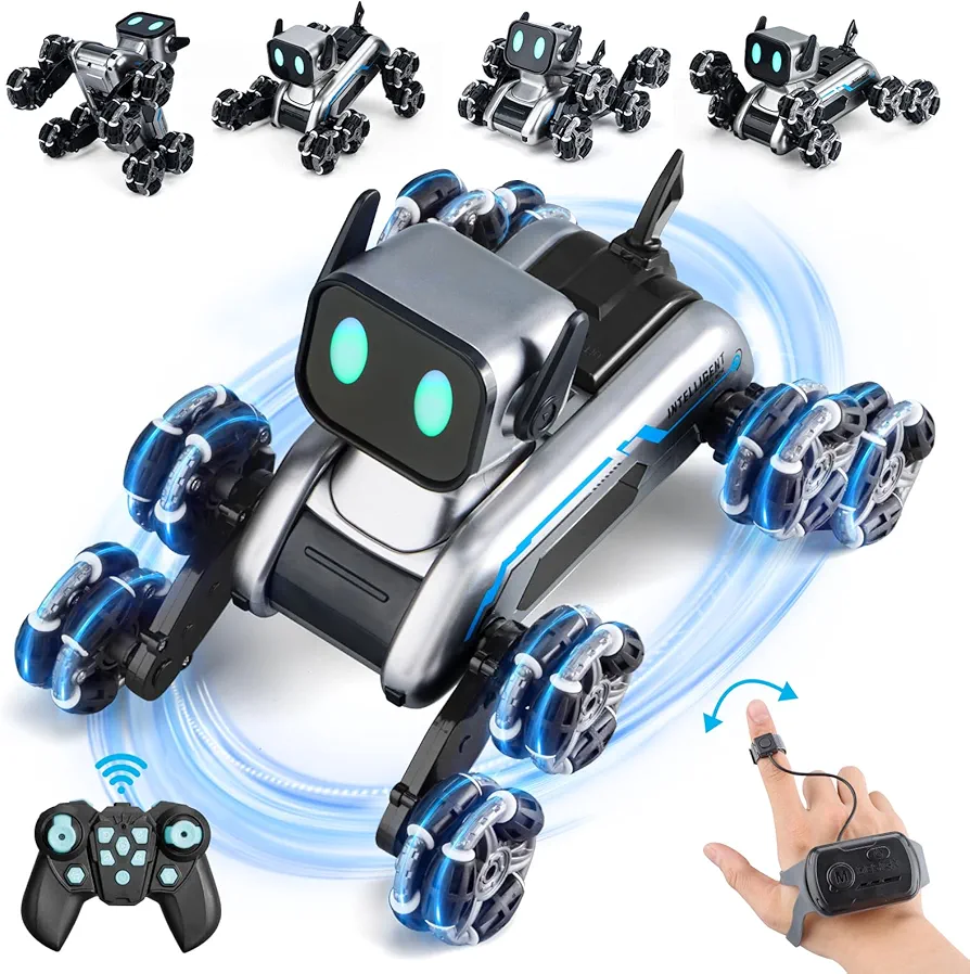 Robot Dog RC-Car, 8WD Remote-Control-Car with Cool Light, 2.4Ghz All Terrain RC Stunt-Car,Remote Control & Gesture Control Watch Included,Coolest Gifts for Boys Girls Age 8-12