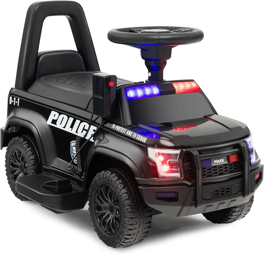 Costzon Ride on Car, 6V Battery Powered Police Car with Side Megaphone, Horn, Flashing Light & Siren Sound, Wide Footrest, Underseat Storage, Electric Car for Kids 18-60 Months (Black)