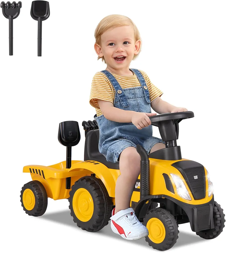 Licensed Caterpillar Ride on Tractor by OLAKIDS, 2 in 1 Ride on Push Car with Detachable Trailer, Headlight, Horn, Rake, Shovel, Foot to Floor Walker Toy Sliding Truck Gift for Kids Toddler