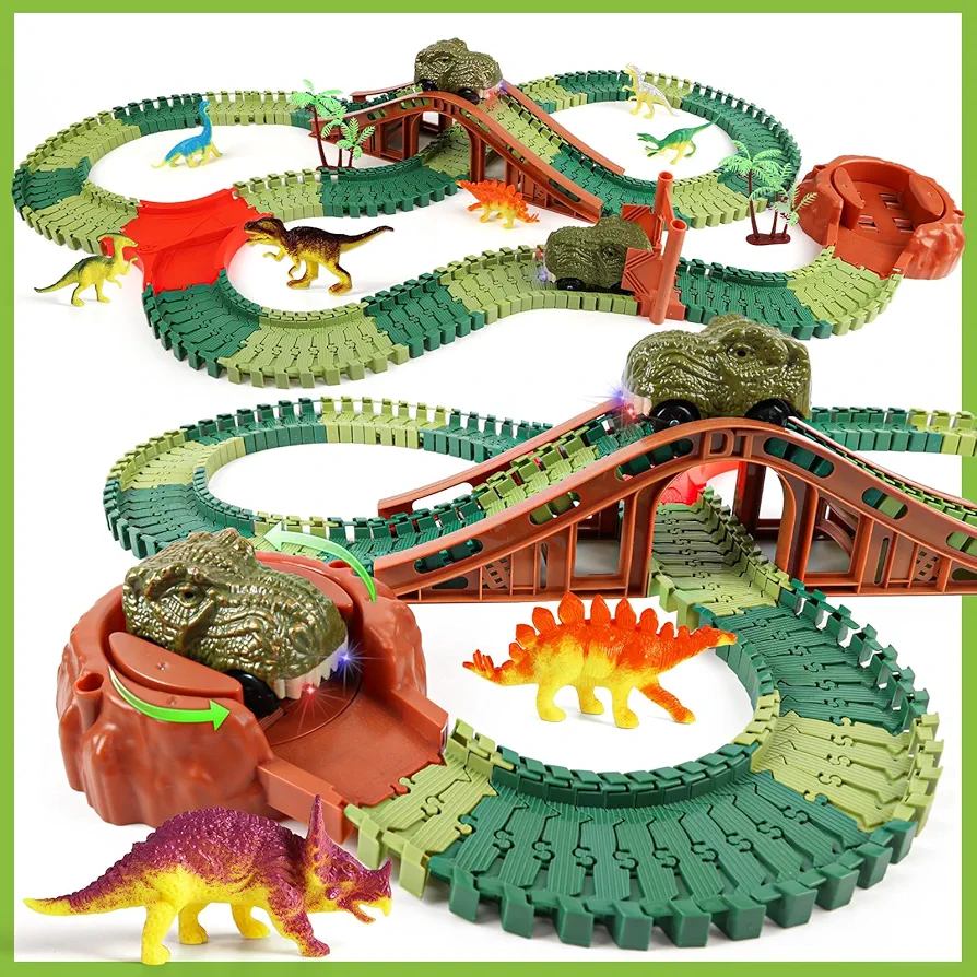 Jurassic Dinosaur Toys Race Car Track for Boys Age 4-7 Dinosaur World Road Race - Flexible Train Track Playset with 2 Cars and 8 Dinos-Todder Kids Best Gifts Ideas 3 5 6 Years Old (220+pcs) DDAI