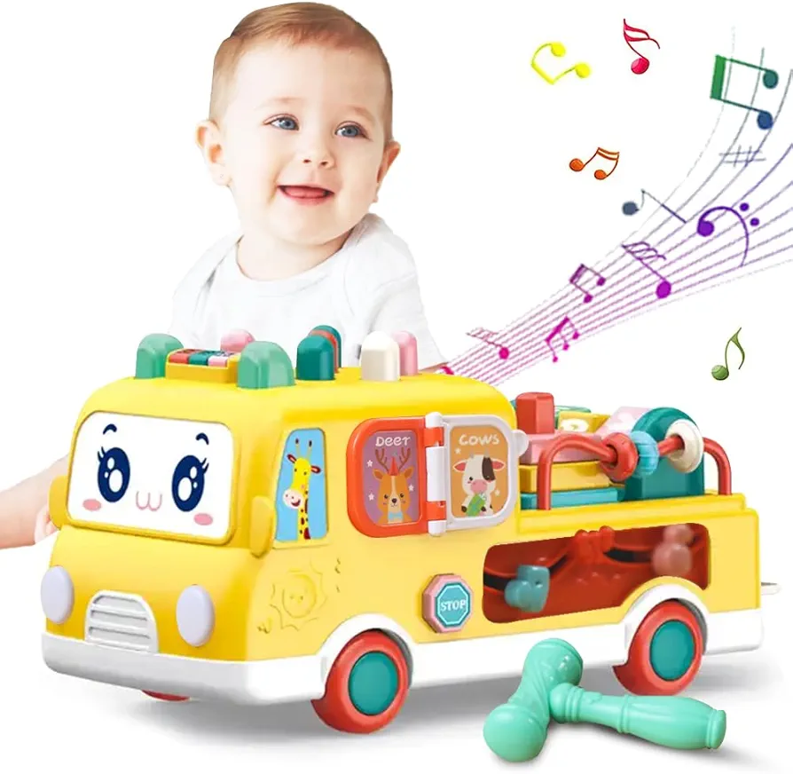 Educational Toy Truck For Toddlers 1-3, Toy Car for Babies with Lights and Music, Cute Colorful baby toy Truck with Shape Sorter, Musical Learning Sensory Toys for Boys and Girls Gifts(Yellow)