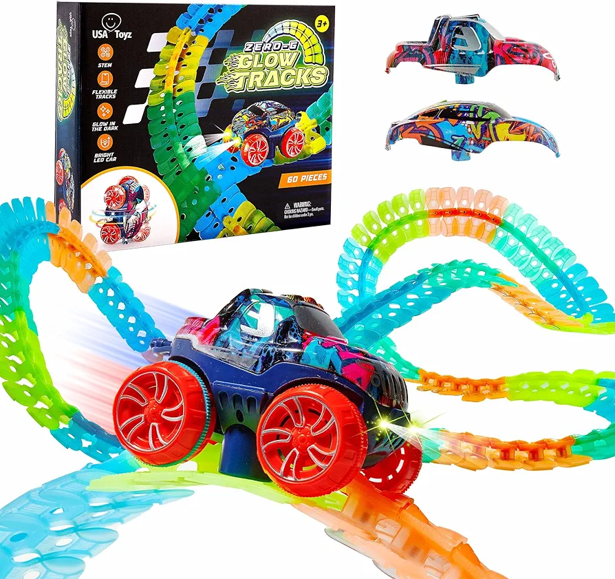 USA Toyz Zero-G Glow Race Track for Kids- 60pcs Glow in The Dark Flexible Race Car Track Set with Suction Cups, Slot Car, 2 Graffiti Toy Cars Shells, STEM Toy LED Car Tracks for Boys and Girls Age 3+