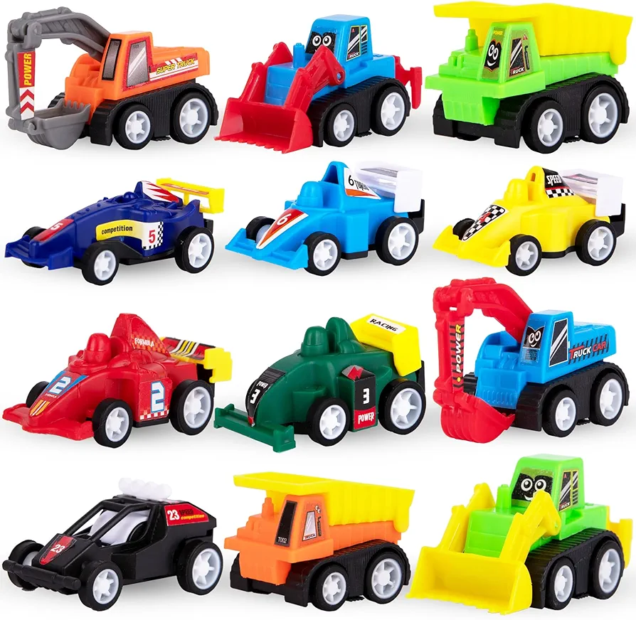 ArtCreativity Mini Pull Back Cars (Bulk) - Set of 12 Pull Back Cars and Construction Trucks - Toy Cars for Toddlers 1 2 4 5 6 7 with Construction Vehicles and Race Cars - Toy Cars for Boys 4-7