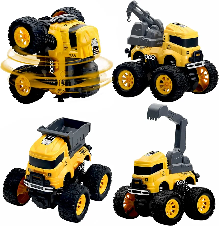 Construction Truck Toys - 4 Pack Excavator, Mixer, Crane, Dump Trucks Push and Go Friction Powered Cars Monster Stunt Vehicles Playset Kids Birthday Party Favors Gifts for 3+ Year Old Boys Girls