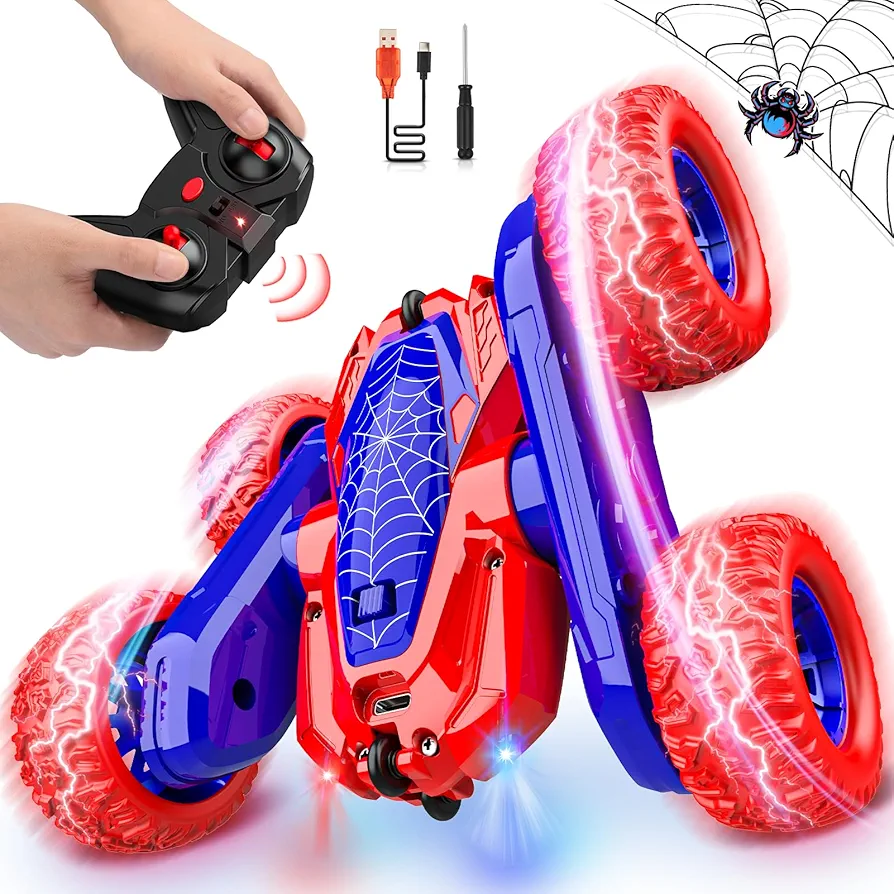 Spider Remote Control Car Gifts: RC Cars Kids Boys Outdoor Toys for 3 4 5 6 7 8-10 Years Old Boy Girl Ages 5-7 8-13 Birthday Gifts Age 6-8 Rechargeable RC Stunt Toy Car 360°Flip 4WD