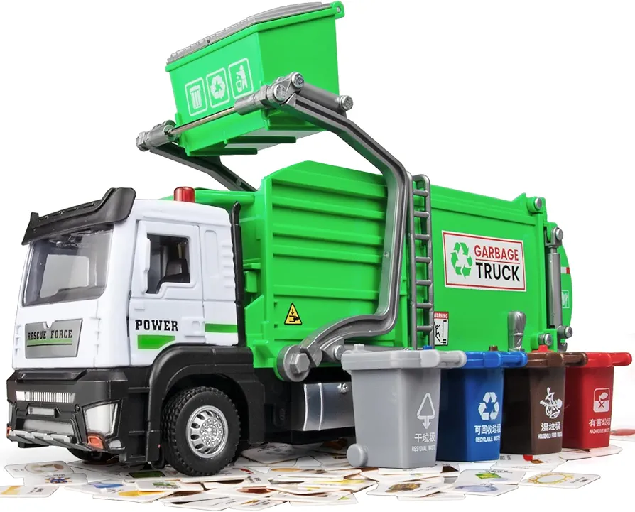 Garbage Truck Toys for Kids,Garbage Truck Metal Diecast Cab,Pull Back Garbage Truck Toy with Lights and Sounds,Recycling Truck Toy with Trash Cans and Bins,Garbage Trucks for Boys Age 4-7