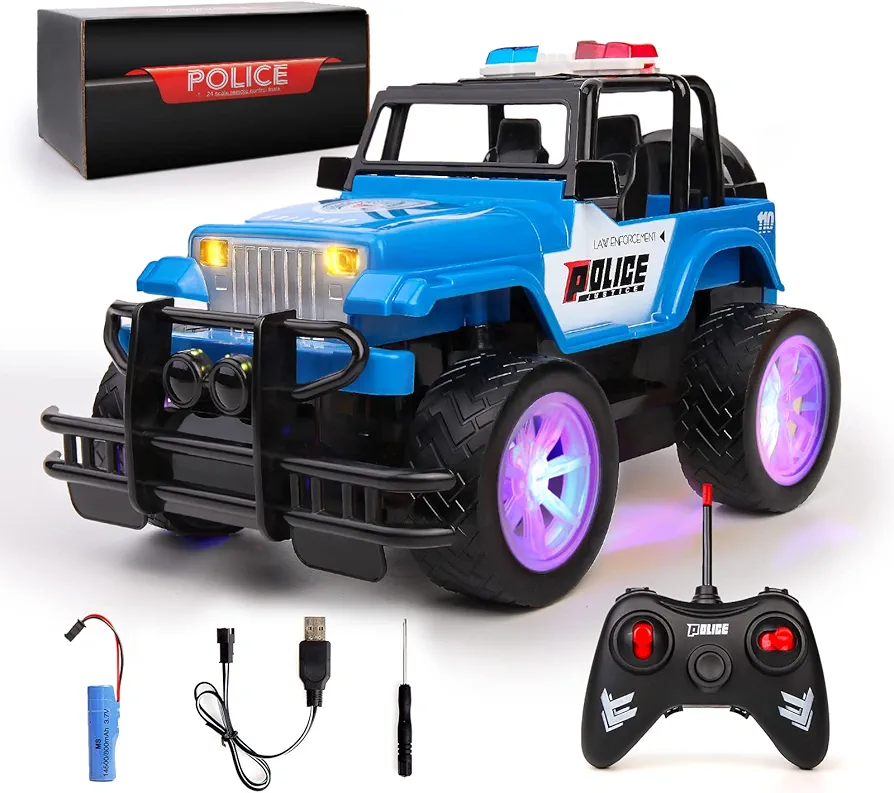 Remote Control Police Car Rechargeable RC Truck Toys for Kids Boys Girls 1:18 Auto Mode SUV Vehicle Racing Hobby with Headlight Christmas Birthday Gifts for Kid (Blue)