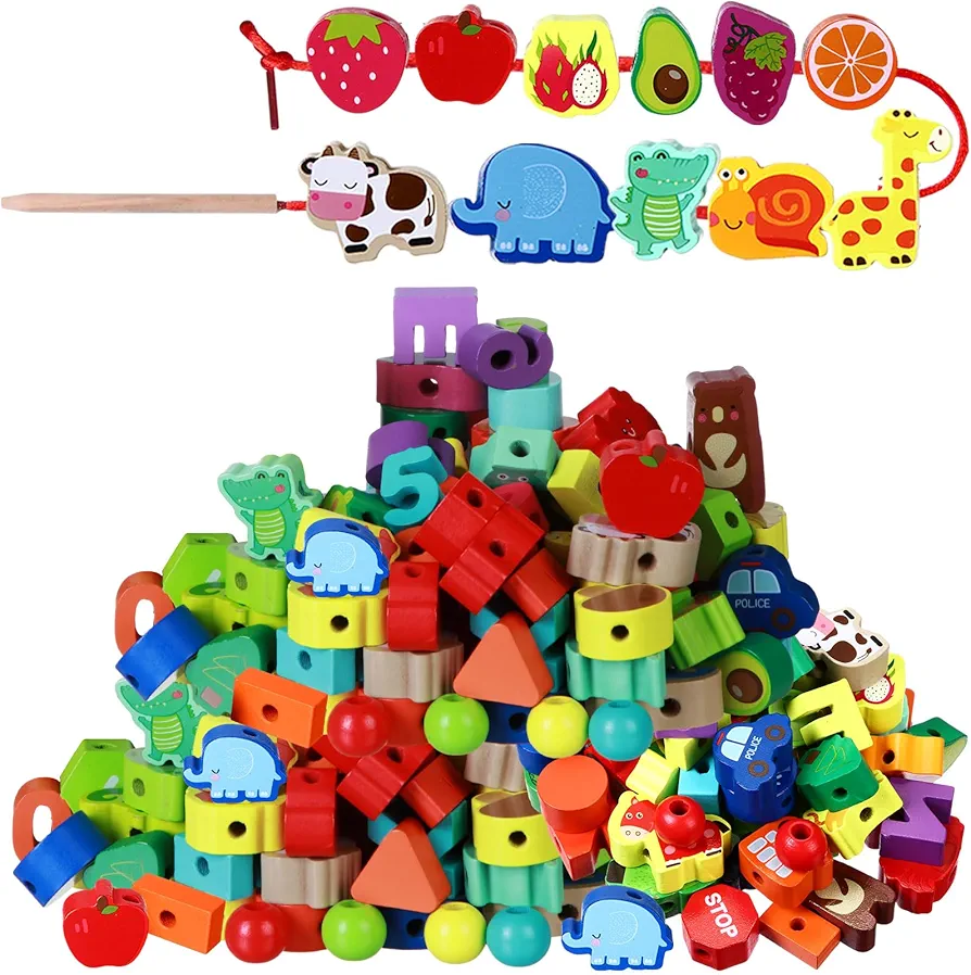 139 Pcs Wooden Lacing Beads Toys Toddlers Beads and String Fine Motor Skills Lacing Toys for Toddlers Educational Animals Threading Toys for Kids 1-6 Year Old Boys Girls