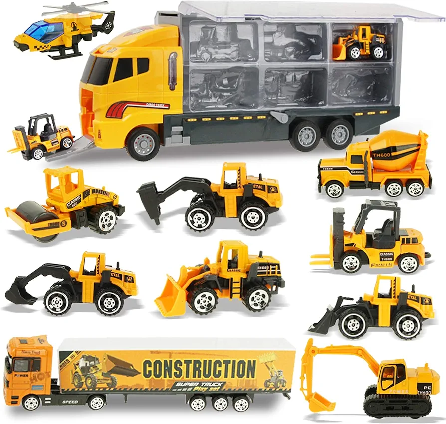 Joyfia Toys for Boys, 11 in 1 Engineering Die-cast Construction Car Toddler Toys, Excavator Dumper Bulldozer, Kids Transport Carrier Truck Vehicles Gifts for Age 3 4 5 6 7 Year Old Boys