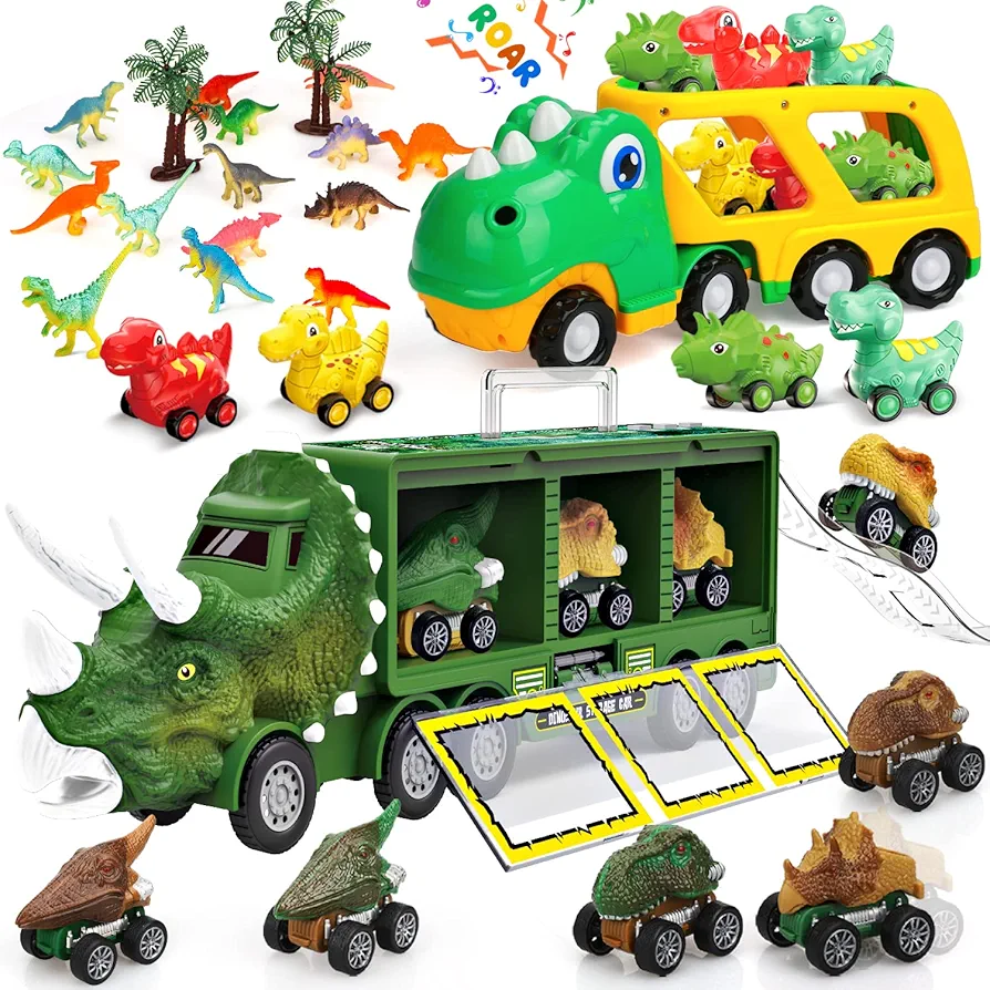 TOY Life Toddler Car Toy for 1+ Year Old, Dinosaur Toys for Kids 1-3 3-5 5-7, Dinosaur Truck with 6 Pull Back Dinosaur Cars and Dinosaur Figure