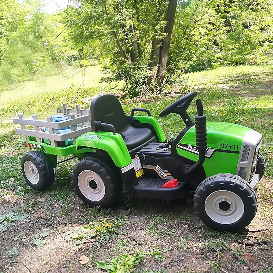 SEHOMY Kids ride on Tractor with Trailer and 25W Dual Motors, 12V Battery Powered Electric Kids Car Vehicle Toys with Remote, 3-Gear-Shift, Music, LED Lights,USB, Power Wheels for boys Green