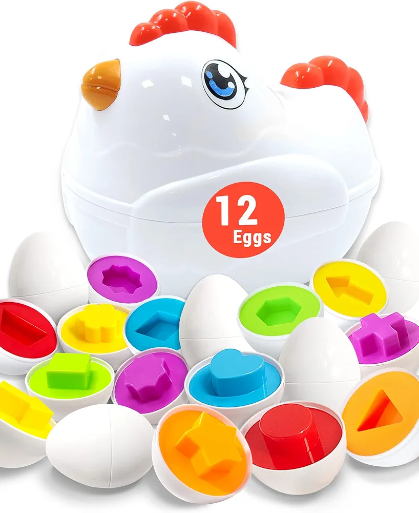 Toddler Chicken Easter Eggs Toys for Ages 1-3, 2-4, 3-5, Toddler Easter Basket Stuffers Prefilled with 12 Toy Eggs Inside Fillled, Montessori Toys Easter Gifts for Kids Babies Boys Girls