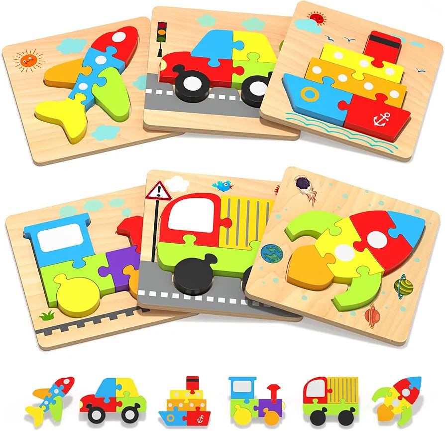 Wooden Toddler Puzzles Gifts Toys for 1 2 3 Years Old Boys Girls, 6 Vehicle Shape Montessori Toys Educational Blocks Kids Toys Gift Baby Learning Toy Age 1-3, 2-4