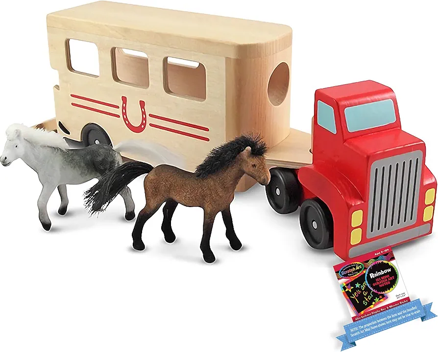 Melissa & Doug Wooden Horse Carrier Toy & 1 Scratch Art Mini-Pad Bundle (04097)