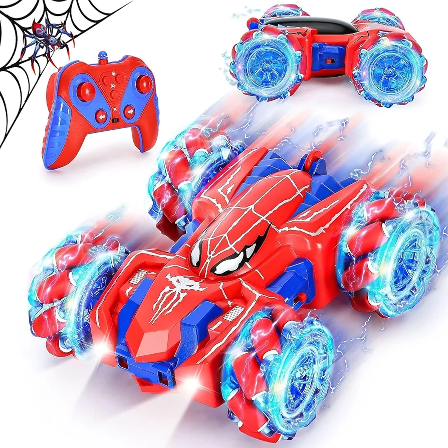 Spider Remote Control Car for Boys 4-7,2.4Ghz 360° Rotating Double Sided RC Stunt Cars with Cool Headlights,Rechargeable 4WD Off Road Drift Toys for Kids Birthday Children's Day School Season (Red)