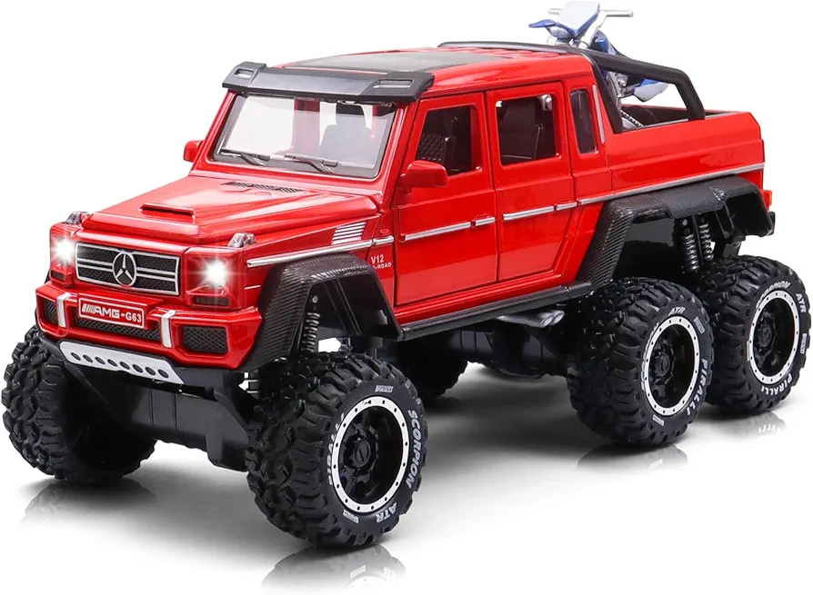 Metal Truck Model Car Toy - 6x6 Off-road creative decorative Model Diecast Truck with Sound and Light,toy truck for boys and girls aged 3+ years (Red)