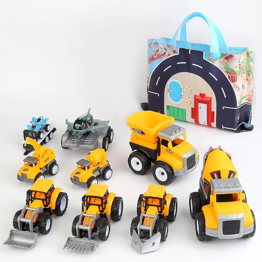 11pcs Baby Toy Cars for Toddlers 1-3 Years Old Urban Traffic Scenarios Storage Bag with Play Mat Construction Trucks Car for Toddlers Kids Age 1-3 Boy Festive Gift