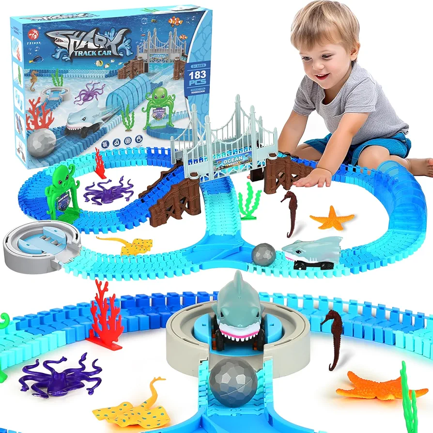 Shark Toys Race Track, 183 Pcs Ocean Theme Race Train Tracks Set for Kids Ages 3 4 5 6 7, Flexible Race Track for Kids with Shark & Ball, Educational Playset Birthday Gifts for Boys and Girls