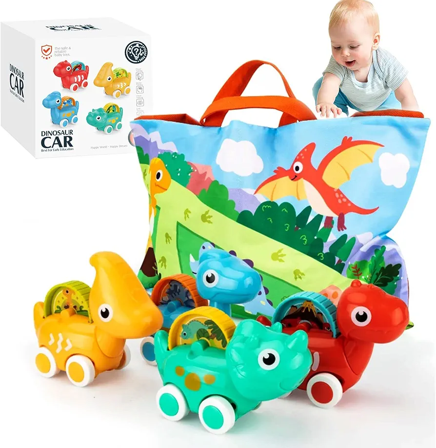 COVTOY 1 Year Old Boy Gift, 4 Sets of Vehicle Dinosaur Car Toys with Playmat and Storage Bag Baby Toys 12-18 Months First Birthday Gifts for 1 Year Old Infants and Toddlers