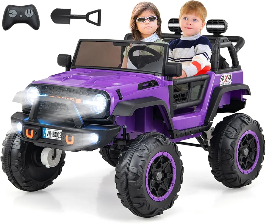 OLAKIDS 24V Ride On Car, 2WD/4WD Switchable 2 Seater Kids' Electric Vehicle Jeep Trunk with 20" Wide Seat, 4X550W Power Wheels, Remote Control, Soft Brake, LED Light, Music (Purple)