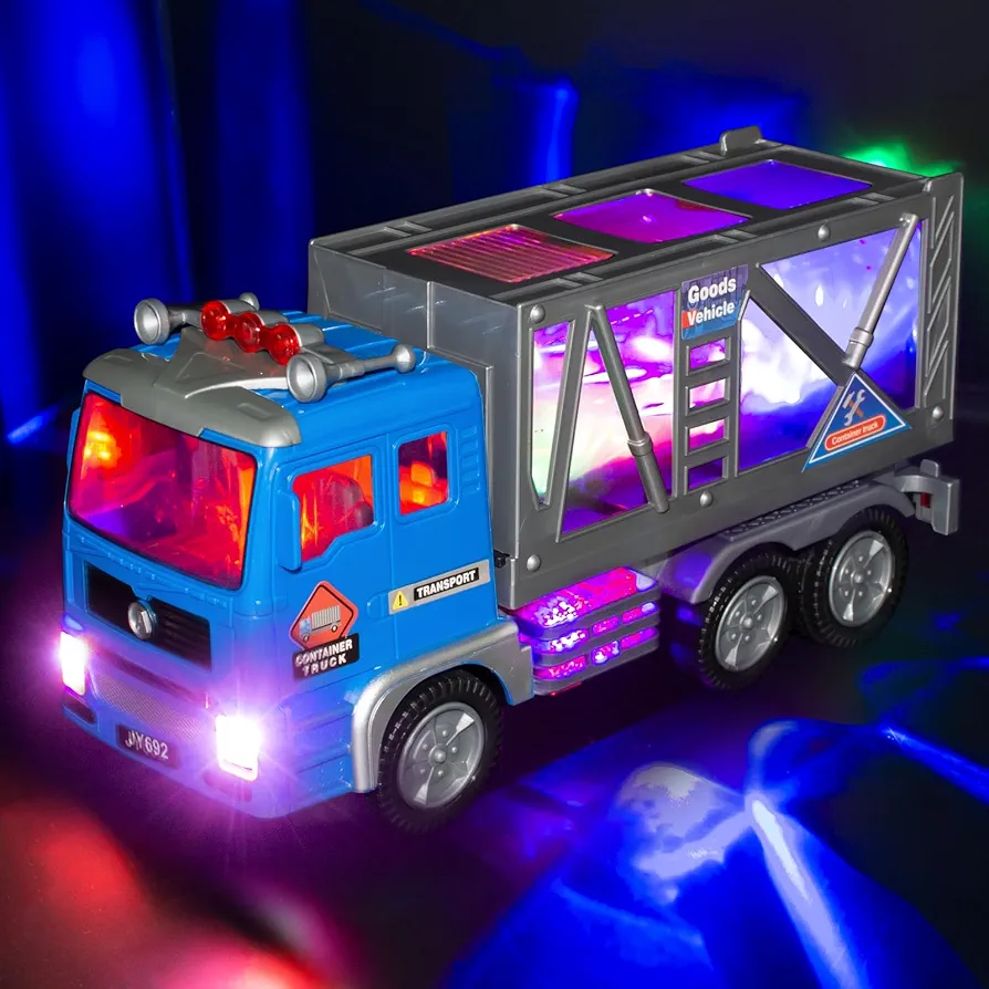 Toy Fire Truck & Garbage Truck & Container Truck Toys for Toddler 1 2 3 4 5 6 Year Christmas Birthday Gift, Truck Car Toys with 4D Lights & Sounds- Battery Operated Automatic Bump & Go Container Truck