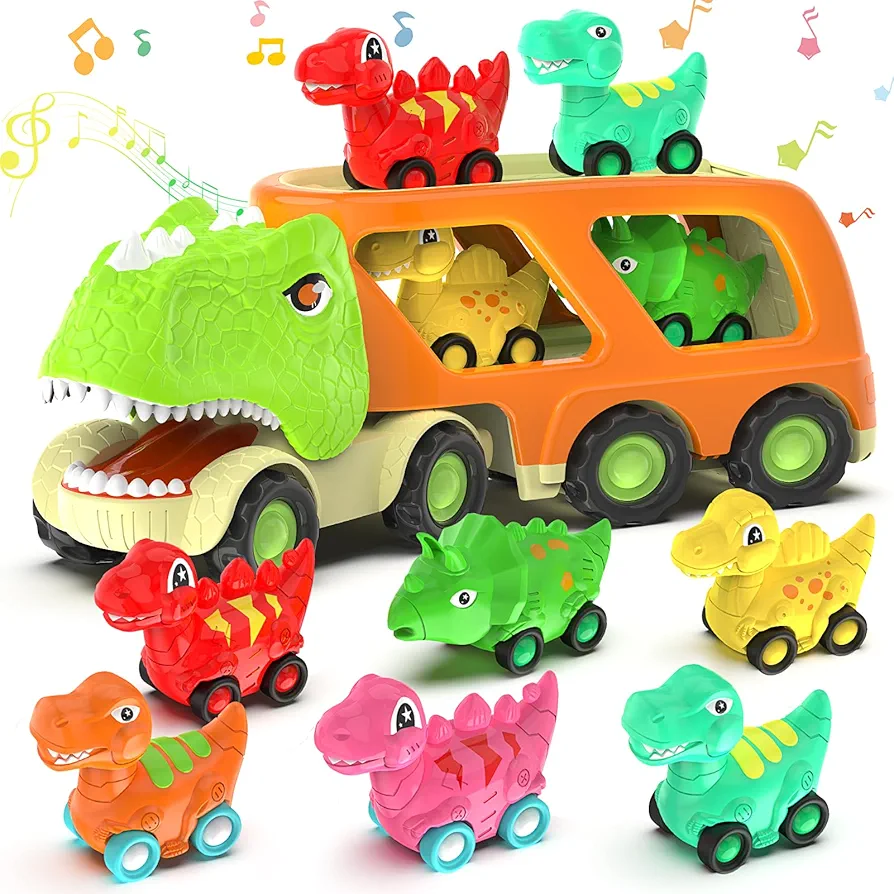 Veslier Dinosaur Toys for Kids 2-4 3-5 with 6 Dinosaur Car Vehicles, Dino Transport Carrier Truck with Music and Roaring Sound Christmas Birthday Gift for 2+ Year Old Boys.