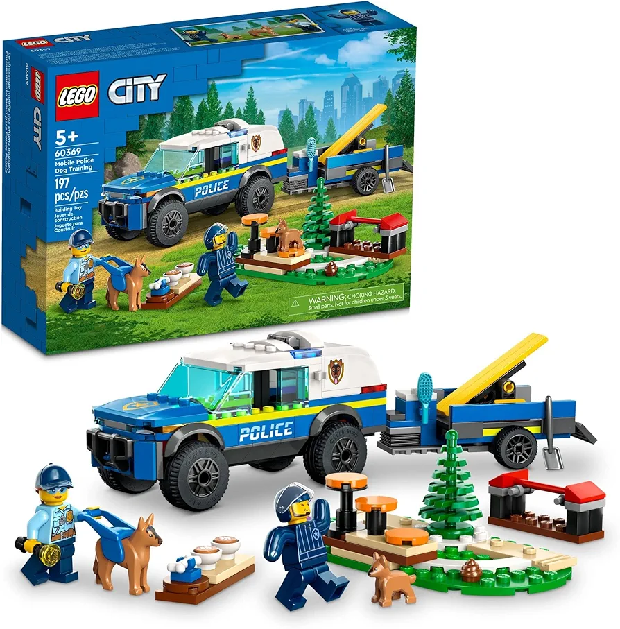 LEGO City Mobile Police Dog Training 60369, SUV Toy Car with Trailer, Obstacle Course and Puppy Figures, Animal Playset for Boys and Girls Ages 5 Plus