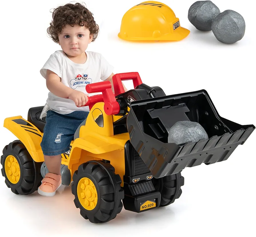 Costzon Ride on Excavator, Construction Digger Pulling Cart with Helmet, 3 Toy Stones, Sound, Adjustable Bucket & Under Seat Storage, Pretend Play Outdoor Scooper, Gift for Toddler Boys & Girls