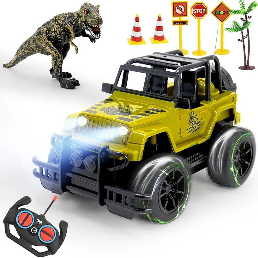 Remote Control Car,Dinosaur Remote Control Toys Car，RC Electric Off-Road Monster Trucks suit Boy Ages 3-12 with Lights and Barricades Trees，Rechargeable Battery, Gift for Boys