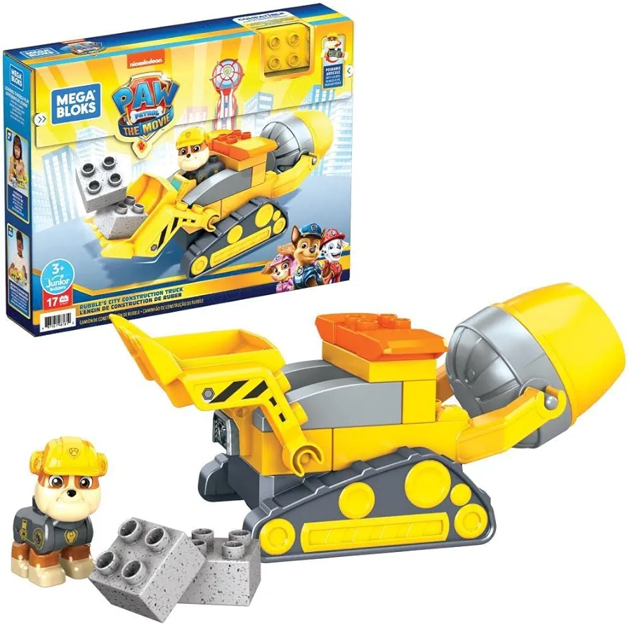 MEGA BLOKS PAW Patrol Toddler Building Blocks Toy Car, Rubble's City Construction Truck with 17 Pieces, 1 Figure, for Kids Age 3+ Years