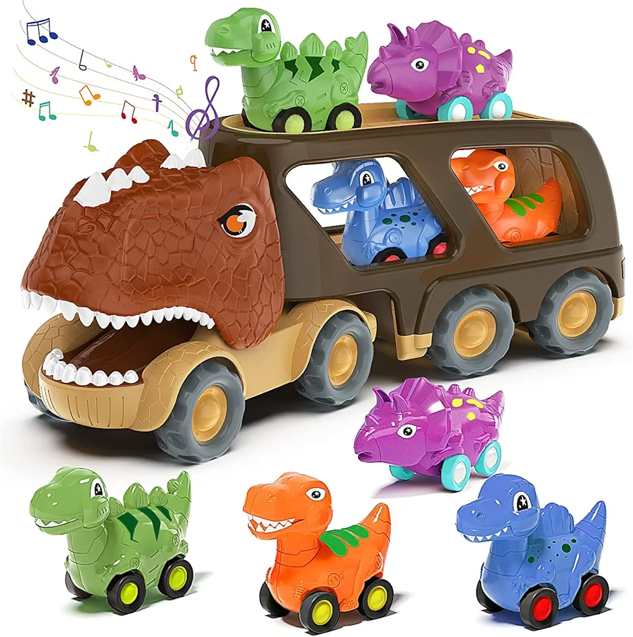 Veslier Dinosaur Car Toy for 2 3 4 5 Years Old Boys, Friction Power Carrier Truck with 4 Pack Small Pull Back Dino Car, Christmas Birthday Gift for 18+ Months Boy Girl Kids Toddlers