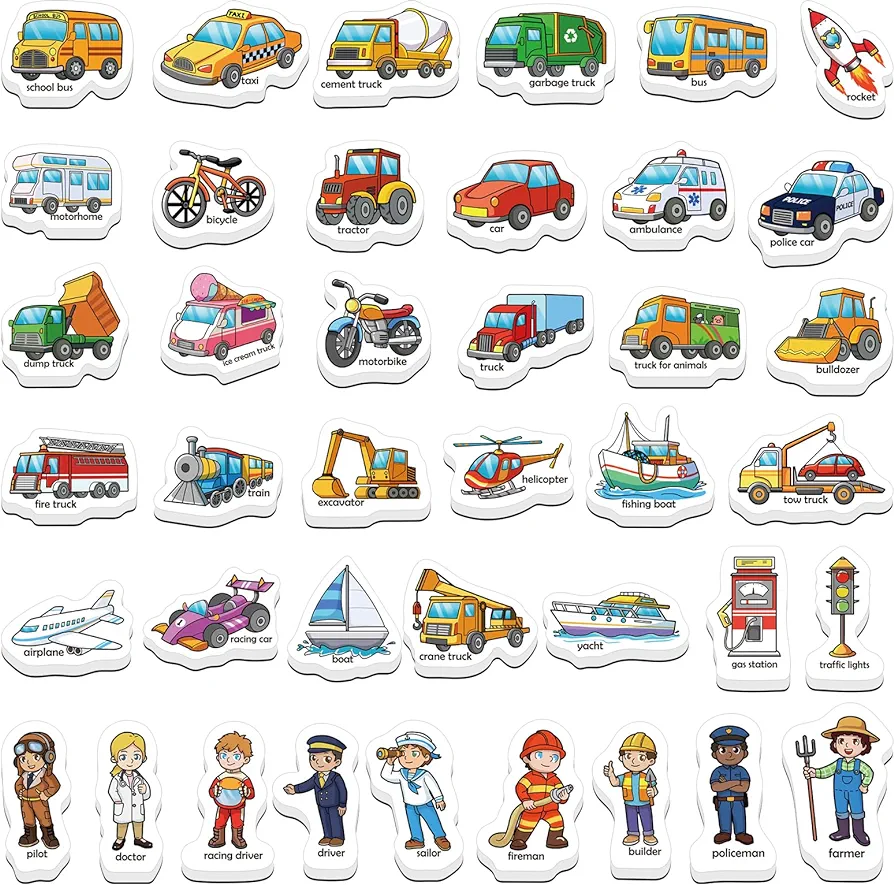 40 Vehicle Magnets,Refrigerator Fridge Magnets for Kids,Transports Car Airplane Boat Professions,Magnetic Toys for Toddlers,Learning Games,Speech Therapy for Preschool Kindergarten Classroom