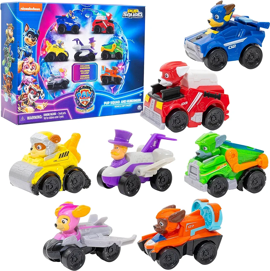 Paw Patrol: The Mighty Movie Toy Vehicle Set- 7 New Cars & Trucks w Exclusive Mayor Humdinger Action Figure-Includes Rubble, Chase, Skye, Zuma, Marshall, Rocky- Amazon Exclusive Movie-Colored Gift Set