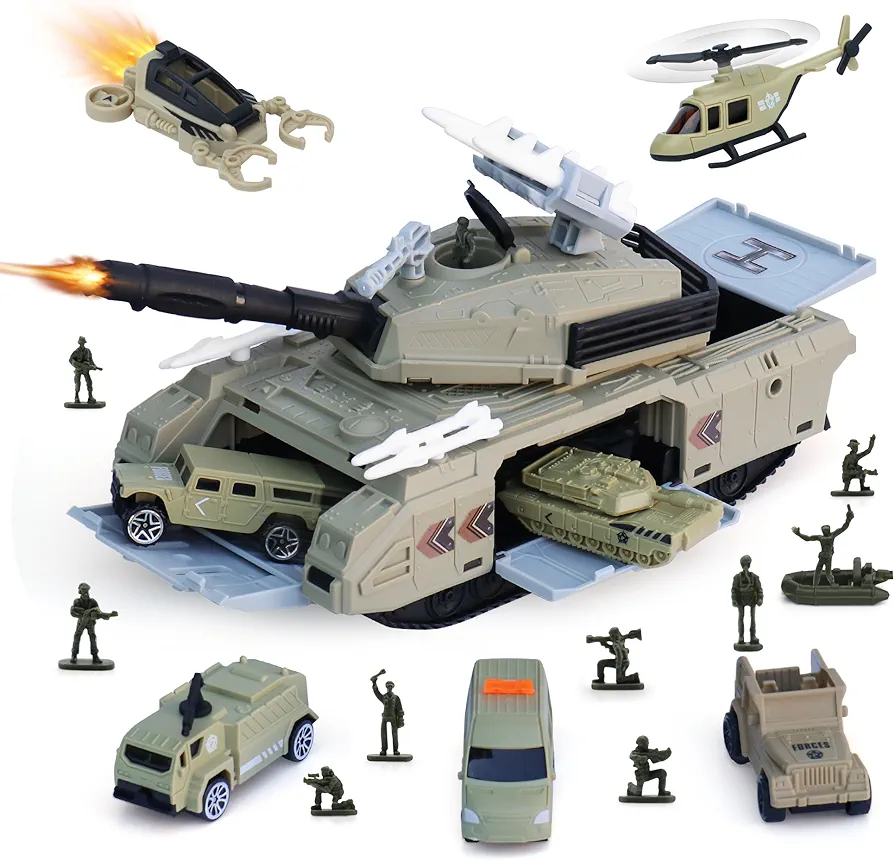 Military Tank Toy Sets, Army Toys with 7 Vehicles, Army Men Trucks Helicopter Birthday Gift for Boys Age 4-7, Easy to Store