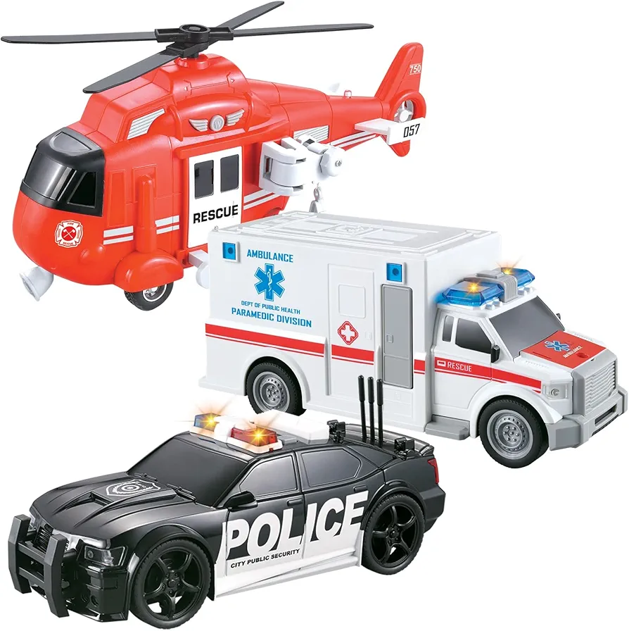 3 Pack City Guardians Vehicle Bundle Toy Playsets, Friction Power Vehicles Includes Fire Rescue Helicopter, Police Cruiser Car, Ambulance Truck Pretend Play Toys Toddler Kids Boys Ages 3 4 5 6