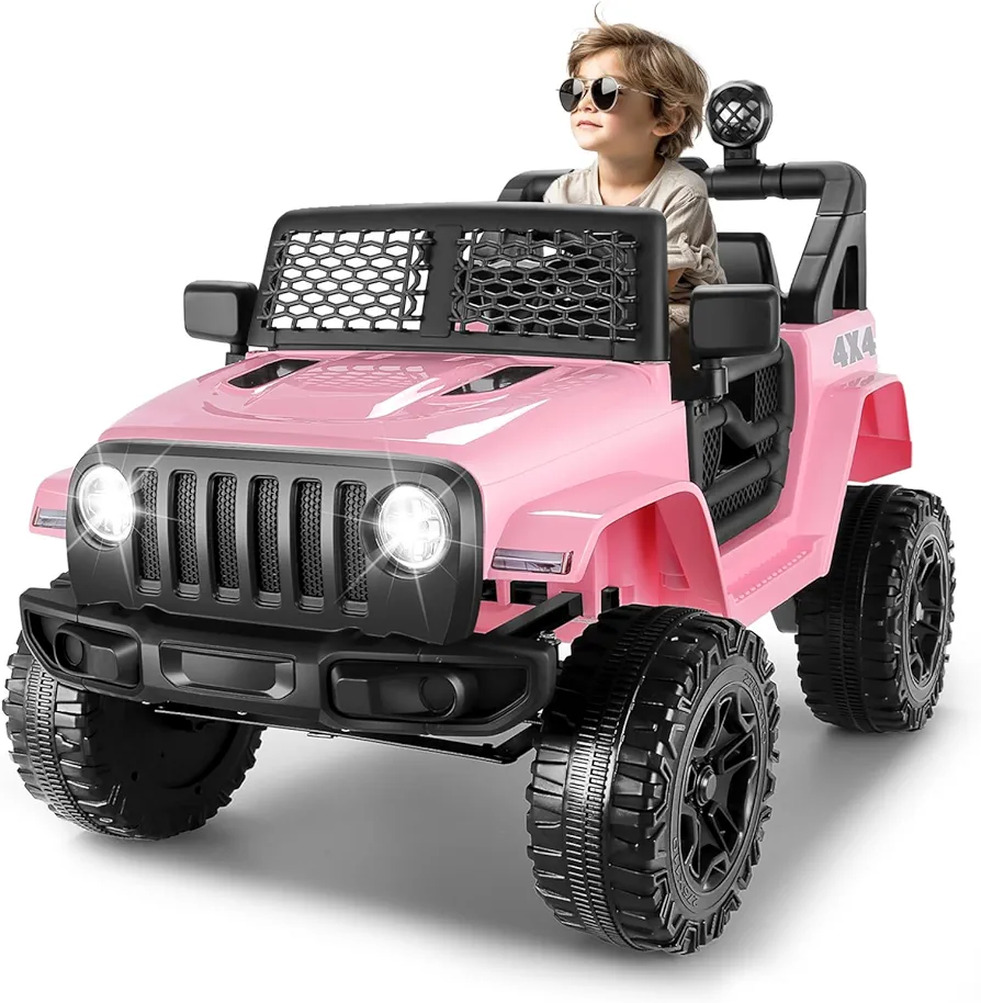 Hikole 12V Ride On Car Truck for Kids, Electric Jeep Toys w/Remote Control, Kids Car to Drive w/LED Lights, Bluetooth, 3 Speeds, Music & Horn, Pink